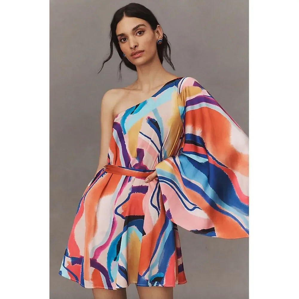Anthropologie BHLDN Stevie One Shoulder Abstract Colors Dress - Size Large - Picture 1 of 7